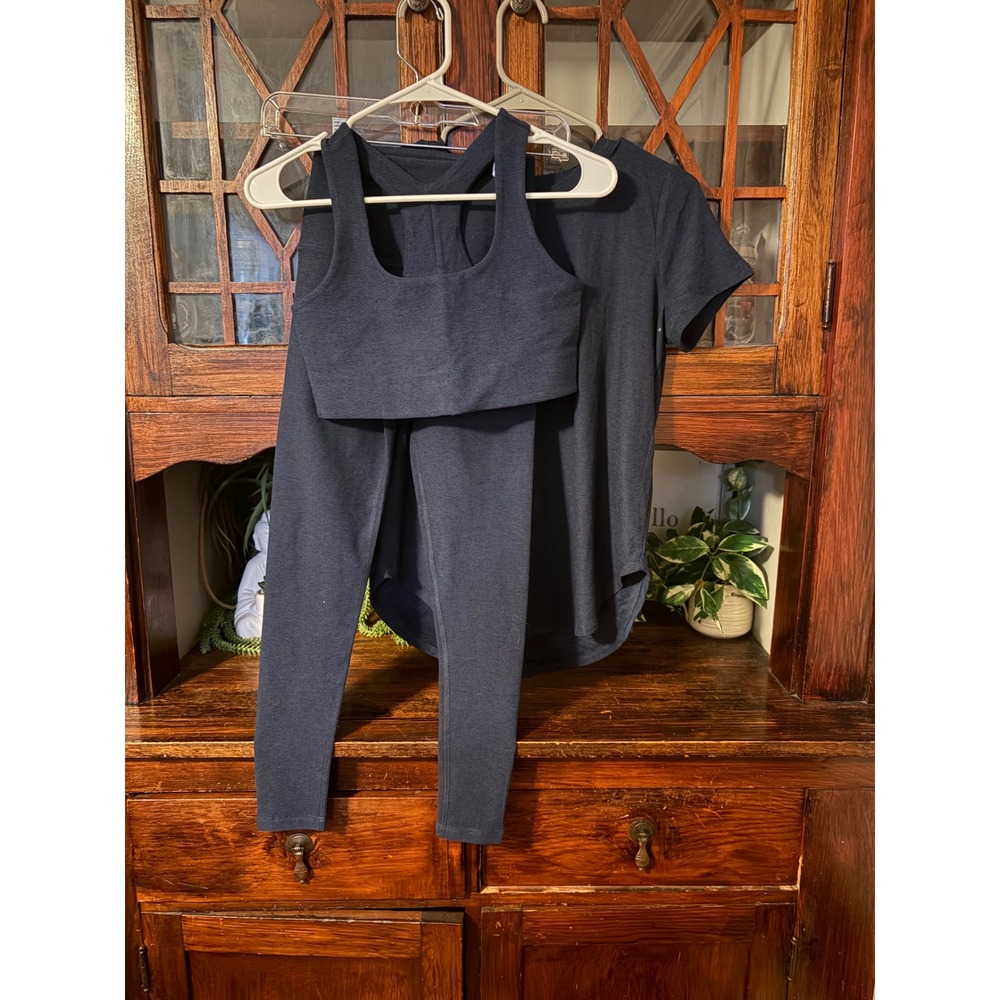Beyond Yoga Womens 3 Piece Set Navy Space Dye Leggings XS Sports Bra S Tee XS